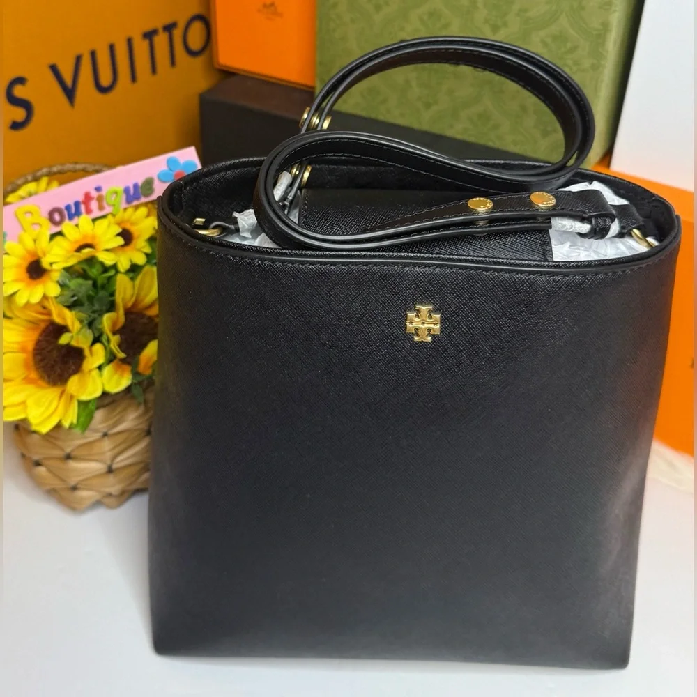 🆕TORY BURCH Emerson Saffiano Leather MD Convertible Bucket Bag ~Black~ 2inONE